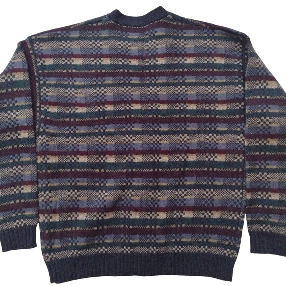Vintage 90s Fair Isle Mens Shetland Wool Sweater M Blue Grandpa Cardigan - Picture 8 of 10